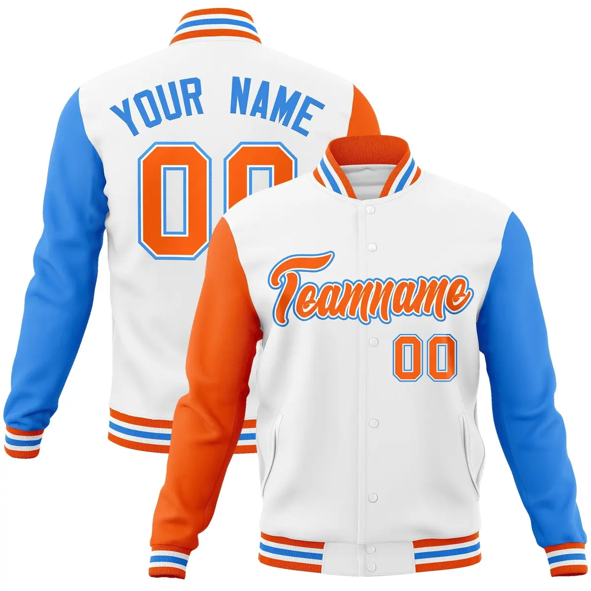 White Orange-White Raglan Varsity Full-Snap Letterman Jacket