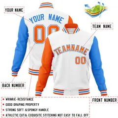 White Orange-White Raglan Varsity Full-Snap Letterman Jacket 4