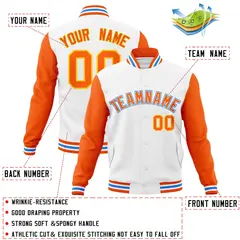 White Orange-White Raglan Varsity Full-Snap Letterman Jacket 4