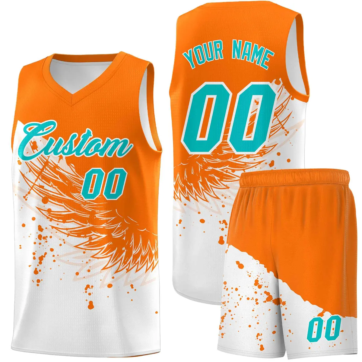 White Orange Wing Pattern Basketball Jersey Sports Uniform