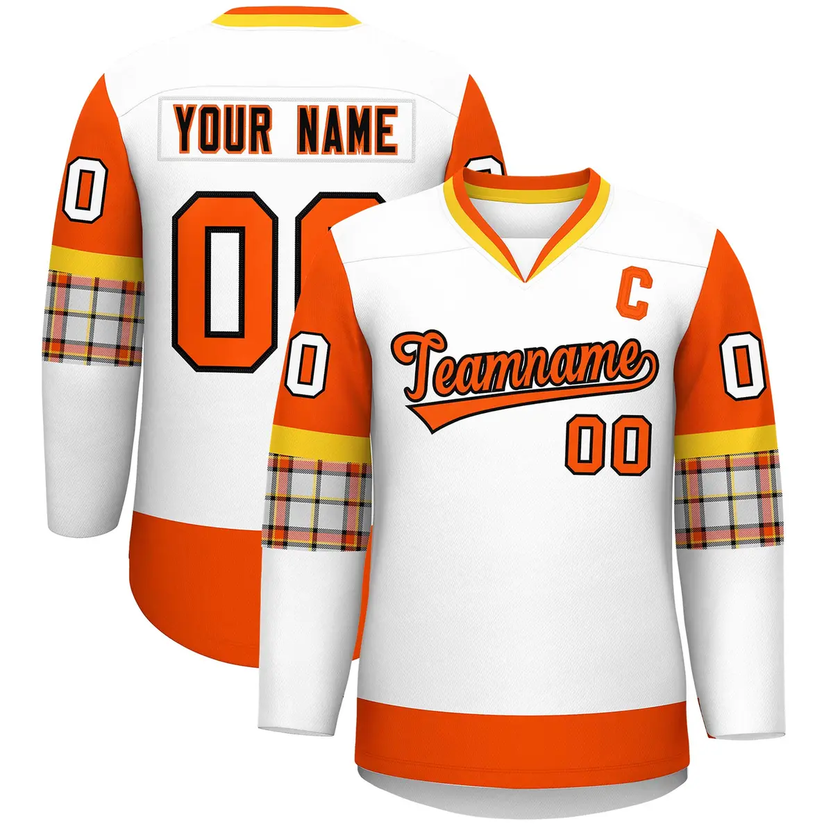 White Orange-Yellow Raglan Sleeves V-Neck Hockey Jersey