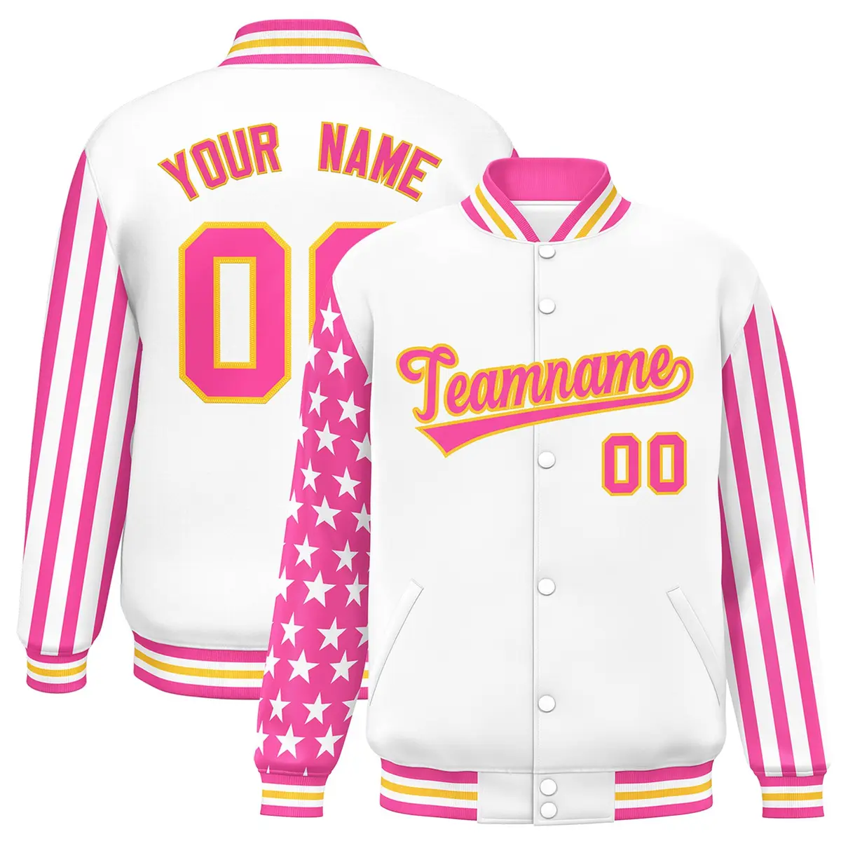 White Pink American Flag Varsity Raglan Letterman Bomber Jacket