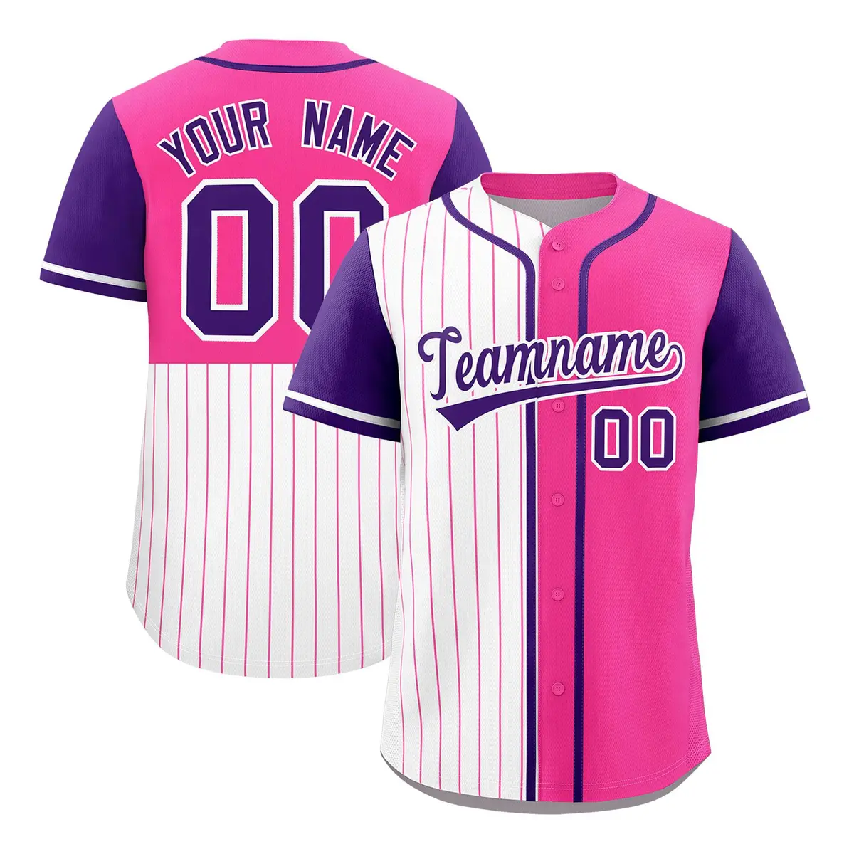 White Pink and Purple Pinstripe Raglan Baseball Jersey
