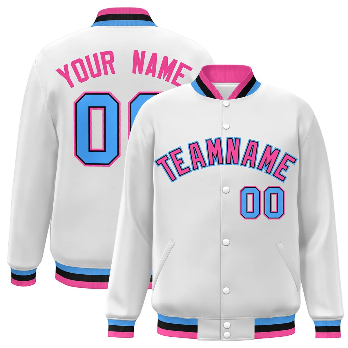 White Pink-Black Classic Varsity Full-Snap Letterman Jacket