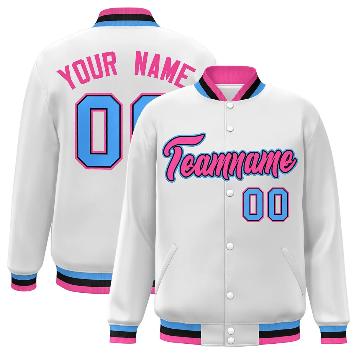 White Pink-Black Classic Varsity Full-Snap Letterman Jacket