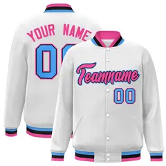 White Pink-Black Classic Varsity Full-Snap Letterman Jacket 1