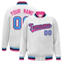 White Pink-Black Classic Varsity Full-Snap Letterman Jacket 1