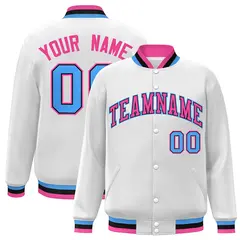 White Pink-Black Classic Varsity Full-Snap Letterman Jacket 1