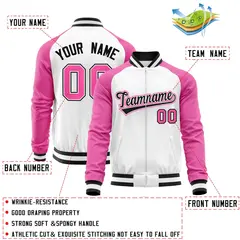 White Pink-Black Full-Zip Raglan Varsity Letterman Baseball Jacket 4
