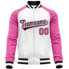 White Pink-Black Full-Zip Raglan Varsity Letterman Baseball Jacket 5