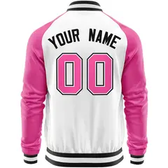 White Pink-Black Full-Zip Raglan Varsity Letterman Baseball Jacket 6