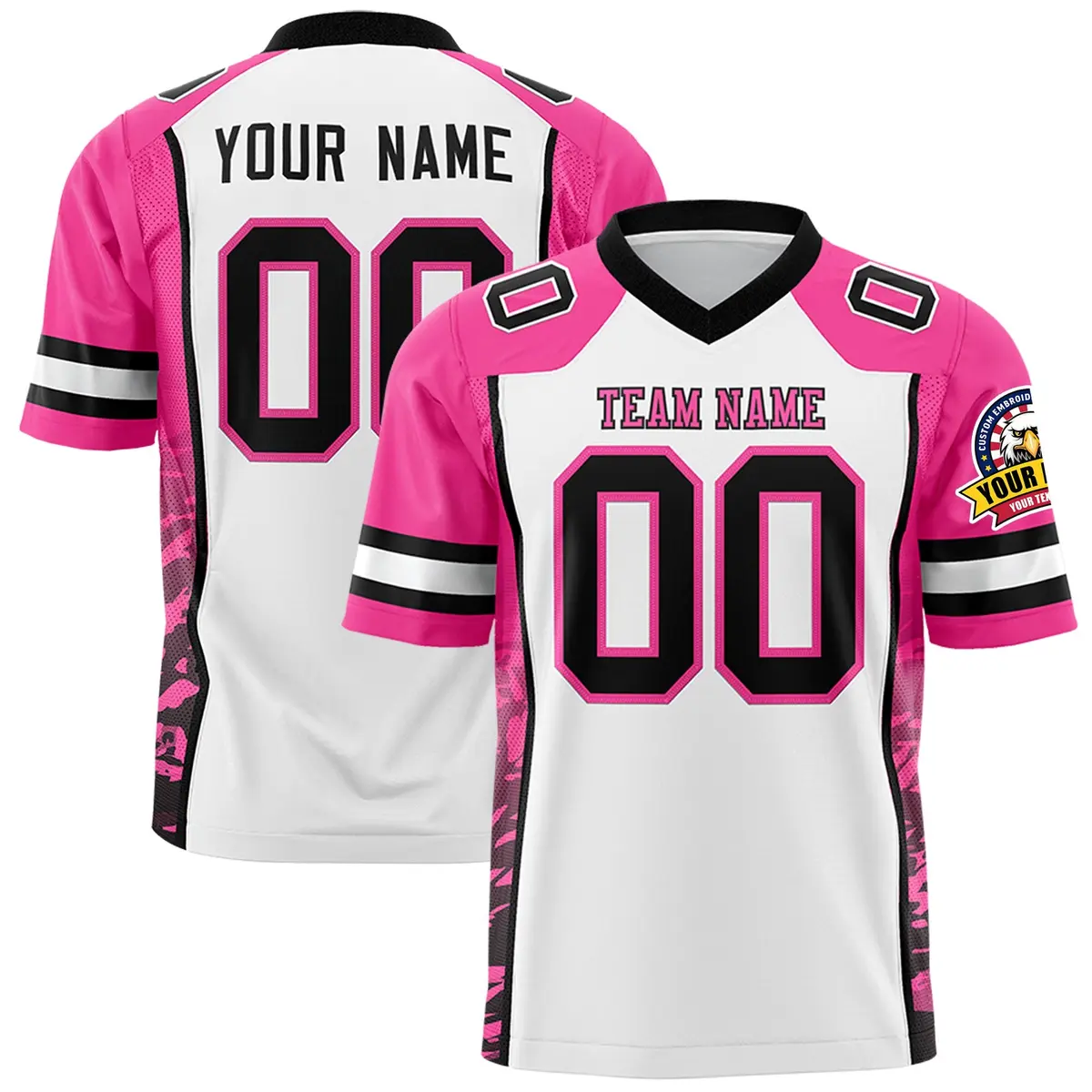 White Pink-Black Raglan Side Pattern Football Jersey