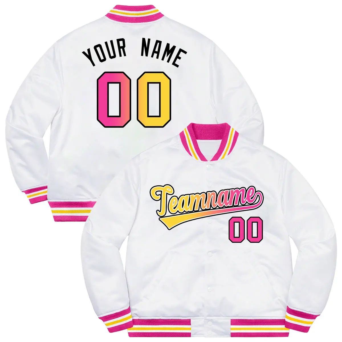 White Pink-Black Solid Gradient Varsity Letterman Bomber Jacket