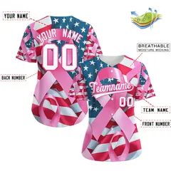 Women's White Pink Breast Cancer Awareness Pink Ribbon Baseball Jersey 2