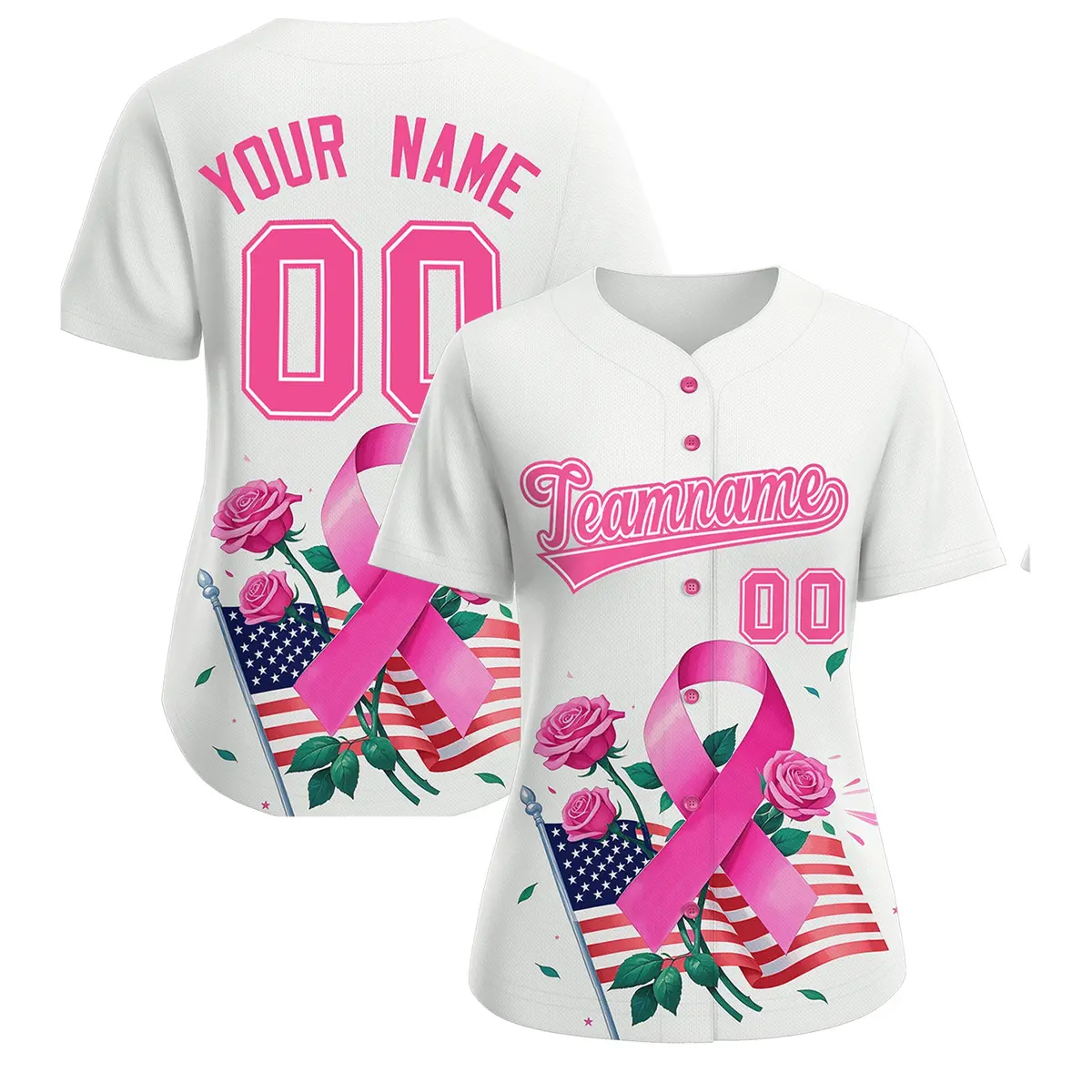 Women's White Pink Breast Cancer Awareness Pink Ribbon Baseball Jersey