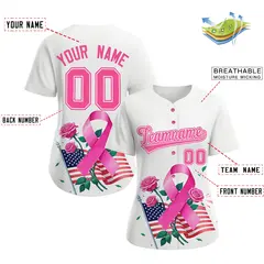 Women's White Pink Breast Cancer Awareness Pink Ribbon Baseball Jersey 2