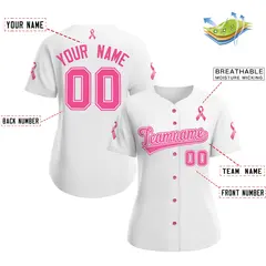 Women's White Pink Breast Cancer Awareness Pink Ribbon Baseball Jersey 2