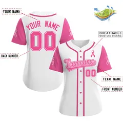 Women's White Pink Breast Cancer Awareness Pink Ribbon Baseball Jersey 2