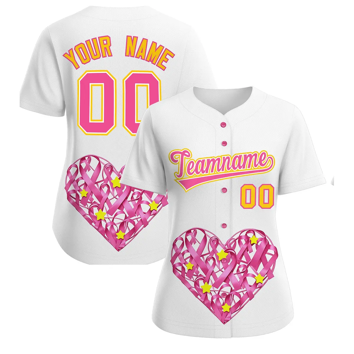 Women's White Pink Breast Cancer Awareness Pink Ribbon Baseball Jersey
