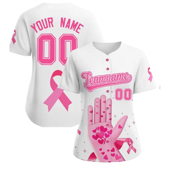 Women's White Pink Breast Cancer Awareness Pink Ribbon Baseball Jersey