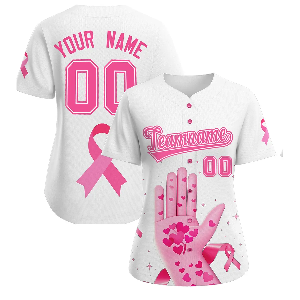 Women's White Pink Breast Cancer Awareness Pink Ribbon Baseball Jersey
