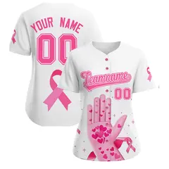 Women's White Pink Breast Cancer Awareness Pink Ribbon Baseball Jersey 1
