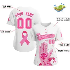 Women's White Pink Breast Cancer Awareness Pink Ribbon Baseball Jersey 2
