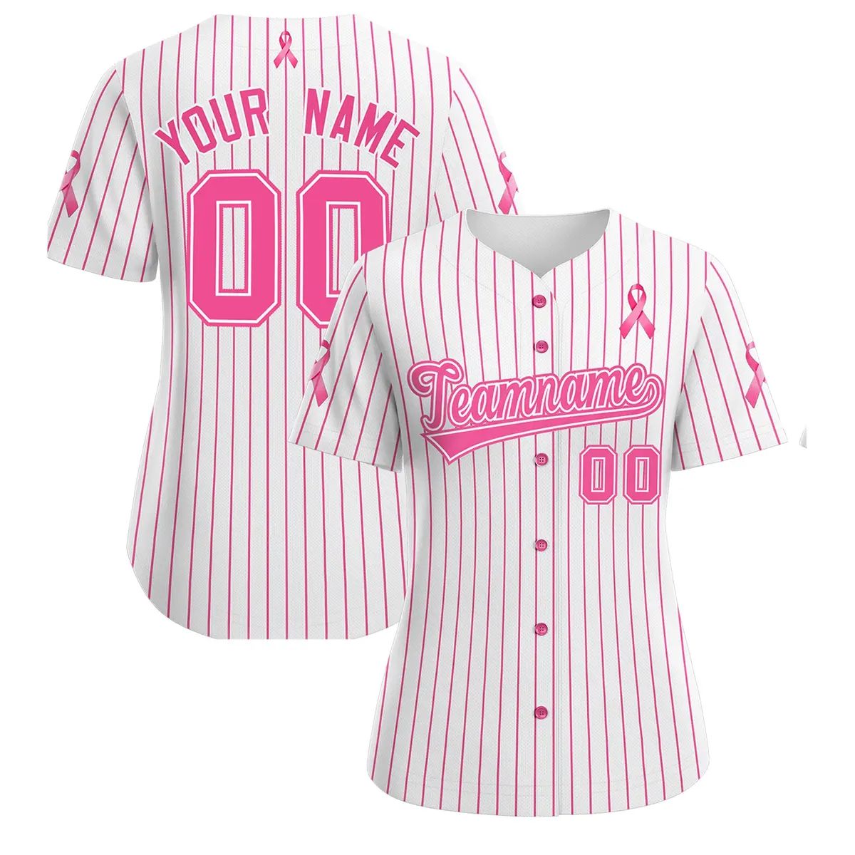 Women's White Pink Breast Cancer Awareness Pink Ribbon Baseball Jersey