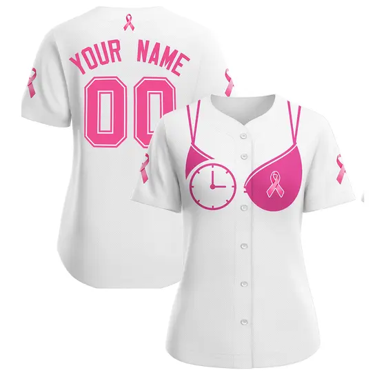 Women's White Pink Breast Cancer Awareness Pink Ribbon Baseball Jersey