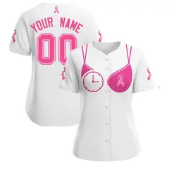 Women's White Pink Breast Cancer Awareness Pink Ribbon Baseball Jersey 1