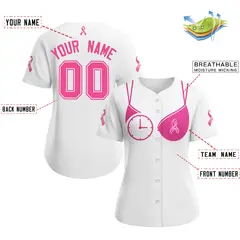 Women's White Pink Breast Cancer Awareness Pink Ribbon Baseball Jersey 2