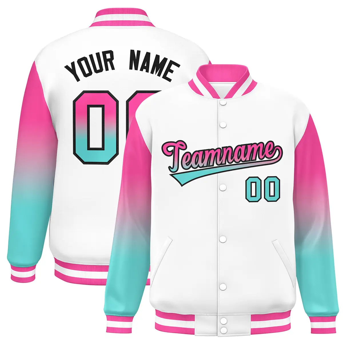 White Pink-Bright Green Gradient Varsity Full-Snap Raglan Baseball Jacket