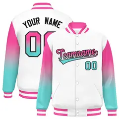White Pink-Bright Green Gradient Varsity Full-Snap Raglan Baseball Jacket 1