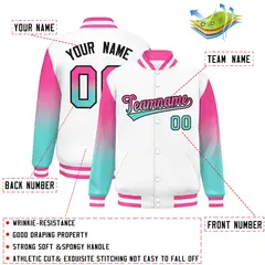 White Pink-Bright Green Gradient Varsity Full-Snap Raglan Baseball Jacket 2