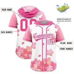 White Pink Cherry Blossoms Raglan Hooded Baseball Jersey 2