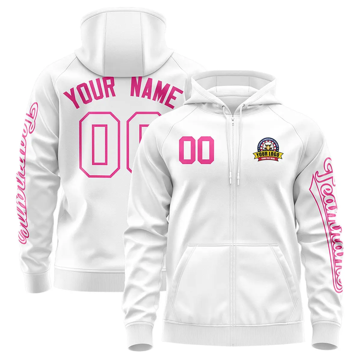 White Pink Classic Varsity Full-Zip Letterman Jacket Hoodie