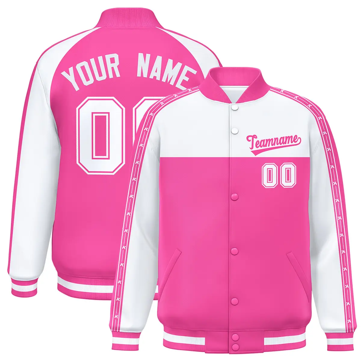 White Pink Color Block K-Ribbon Varsity Letterman Jacket