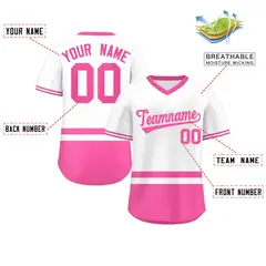 White Pink Color Block V-Neck Pullover Baseball Jersey 2