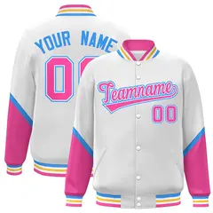 White Pink Color Block Varsity Letterman Baseball Jacket 1