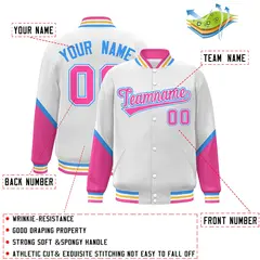 White Pink Color Block Varsity Letterman Baseball Jacket 2