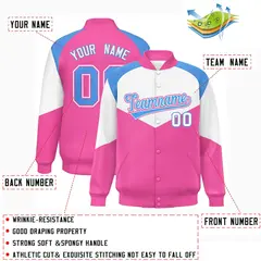 White Pink Color Block Varsity Letterman Jacket 2