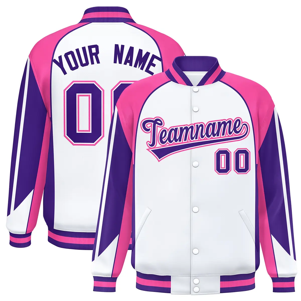 White Pink Color Block Varsity Raglan Letterman Jacket