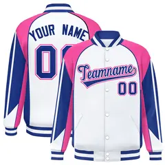 White Pink Color Block Varsity Raglan Letterman Jacket