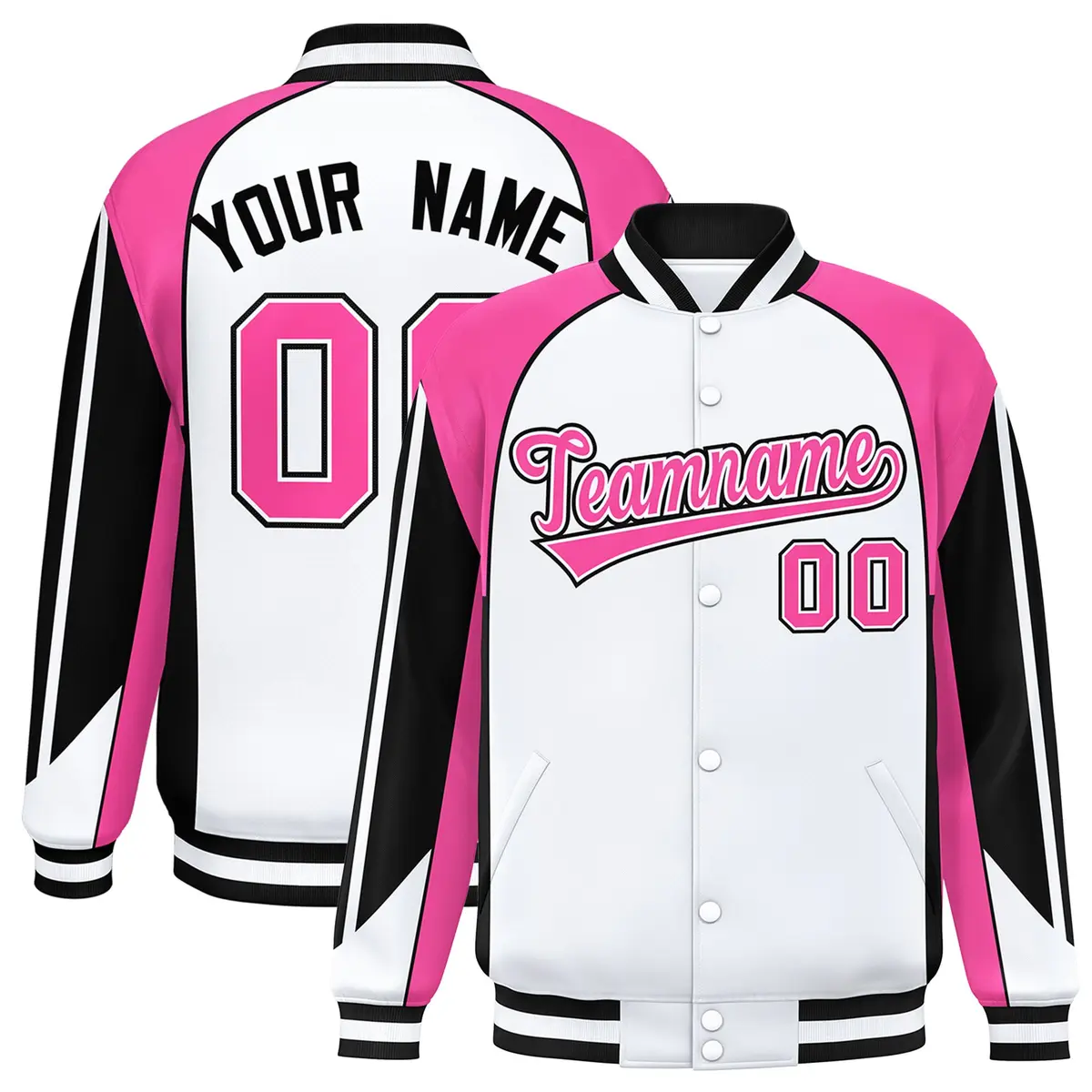 White Pink Color Block Varsity Raglan Letterman Jacket