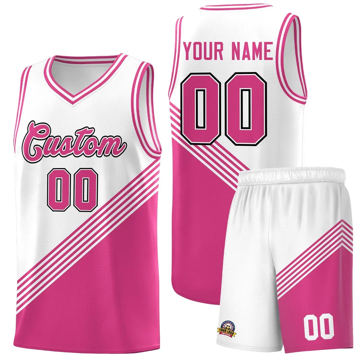 White Pink Diagonal Stripes Color Block Basketball Jersey