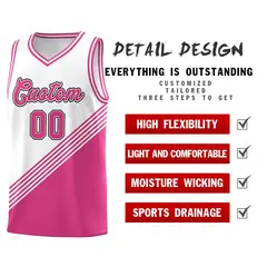 White Pink Diagonal Stripes Color Block Basketball Jersey 2