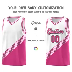 White Pink Diagonal Stripes Color Block Basketball Jersey 3
