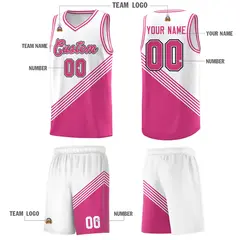 White Pink Diagonal Stripes Color Block Basketball Jersey 5