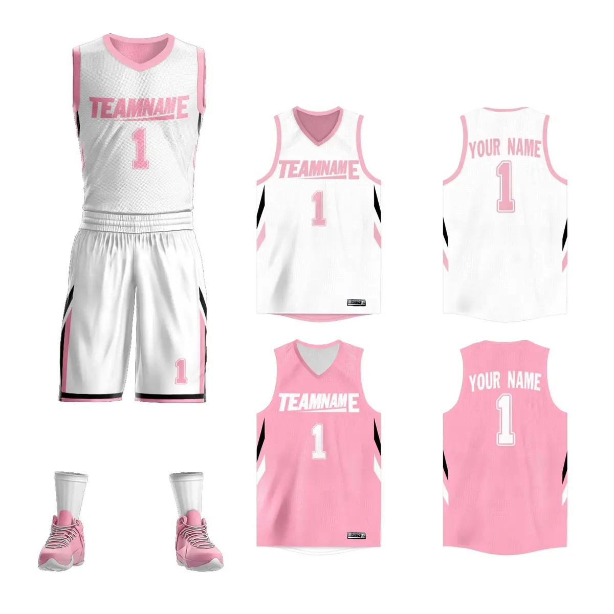 White Pink Double Side Sets Basketball Jersey