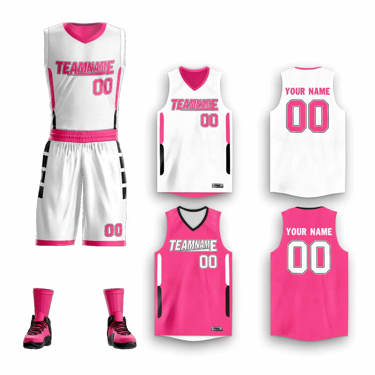 White Pink Double Side Sets Basketball Jersey